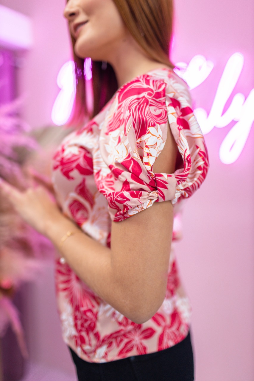 BLUSA ROSADA ESTAMPADA  MANGA CHONGA
