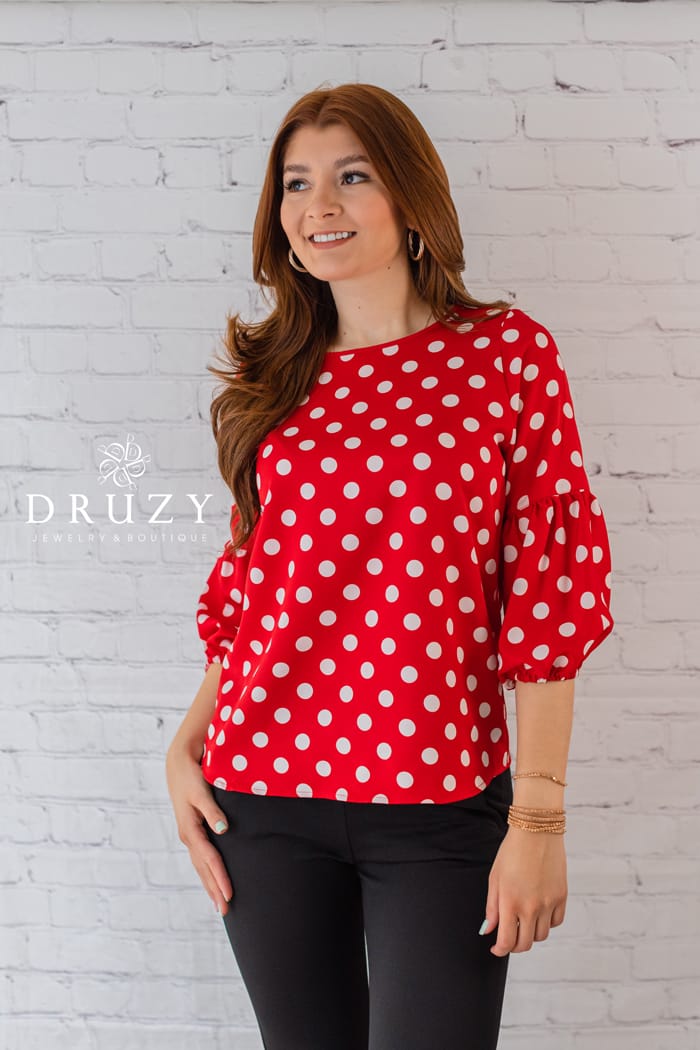 BLUSA ROJO CIRCULOS BLANCO M-L FRUNCIO Y ELASTICO